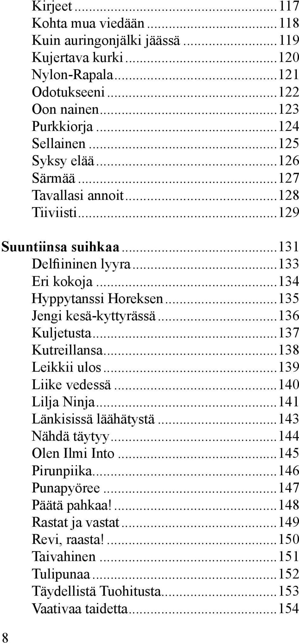 ..135 Jengi kesä-kyttyrässä...136 Kuljetusta...137 Kutreillansa...138 Leikkii ulos...139 Liike vedessä...140 Lilja Ninja...141 Länkisissä läähätystä...143 Nähdä täytyy.