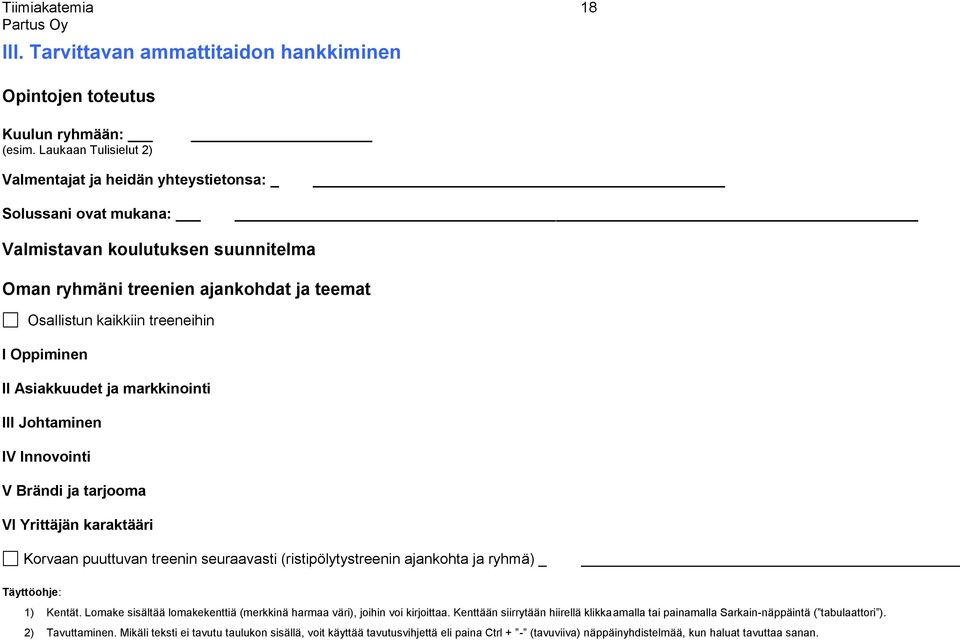 Oppiminen II Asiakkuudet ja markkinointi III Johtaminen IV Innovointi V Brändi ja tarjooma VI Yrittäjän karaktääri Korvaan puuttuvan treenin seuraavasti (ristipölytystreenin ajankohta ja ryhmä)