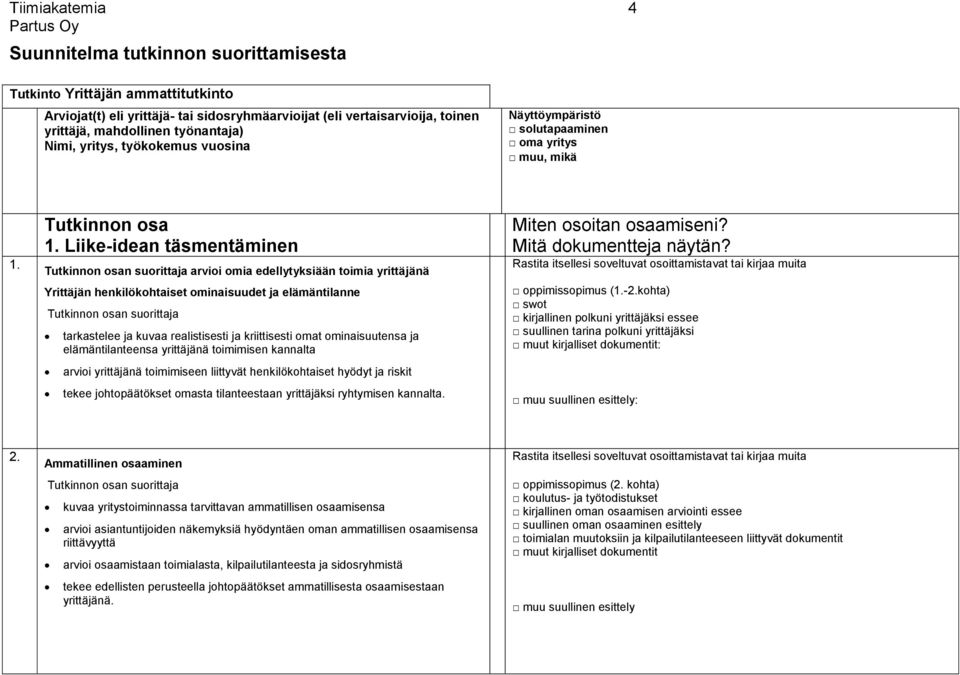 Liike-idean täsmentäminen arvioi omia edellytyksiään toimia yrittäjänä Yrittäjän henkilökohtaiset ominaisuudet ja elämäntilanne tarkastelee ja kuvaa realistisesti ja kriittisesti omat ominaisuutensa