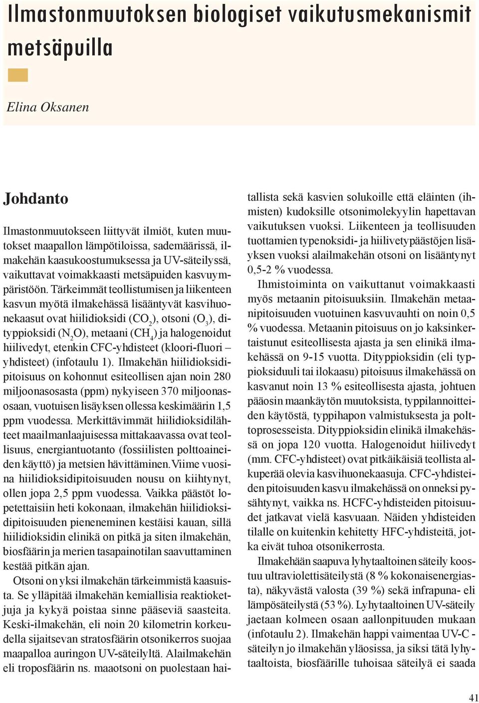 Tärkeimmät teollistumisen ja liikenteen kasvun myötä ilmakehässä lisääntyvät kasvihuonekaasut ovat hiilidioksidi (CO 2 ), otsoni (O 3 ), dityppioksidi (N 2 O), metaani (CH 4 ) ja halogenoidut