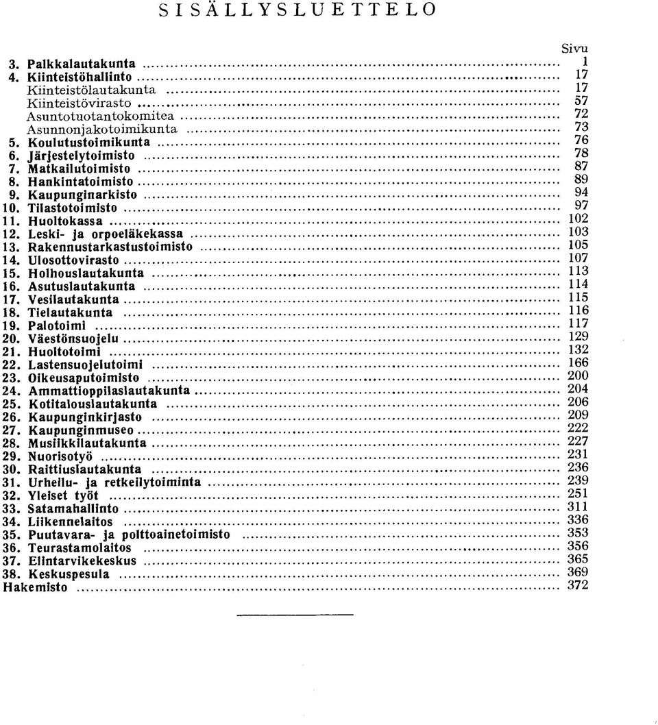 Asutuslautakunta 17. Vesilautakunta 18. Tielautakunta 19. Palotoimi 20. Väestönsuojelu 21. Huoltotoimi 22. Lastensuojelutoimi 23. Oikeusaputoimisto 24. Ammattioppilaslautakunta 25.