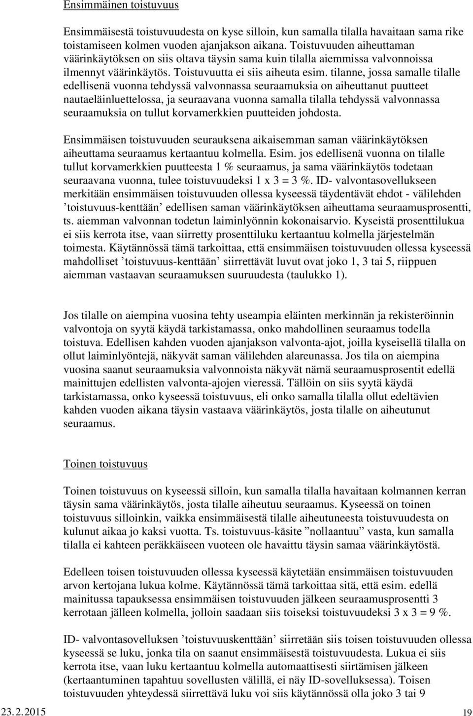 tilanne, jossa samalle tilalle edellisenä vuonna tehdyssä valvonnassa seuraamuksia on aiheuttanut puutteet nautaeläinluettelossa, ja seuraavana vuonna samalla tilalla tehdyssä valvonnassa