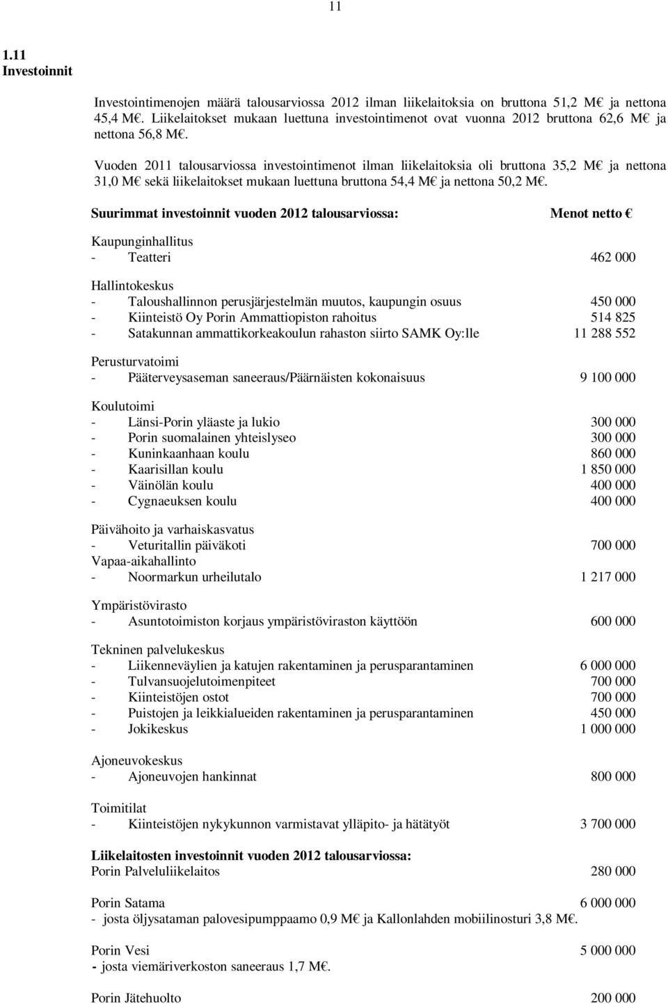 Vuoden 2011 talousarviossa investointimenot ilman liikelaitoksia oli bruttona 35,2 M ja nettona 31,0 M sekä liikelaitokset mukaan luettuna bruttona 54,4 M ja nettona 50,2 M.