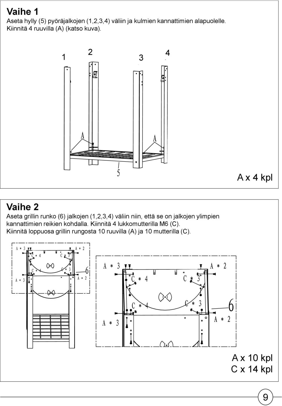 3 4 A x 4 kpl Vaihe Aseta grillin runko (6) jalkojen (,,3,4) väliin niin, että se on jalkojen