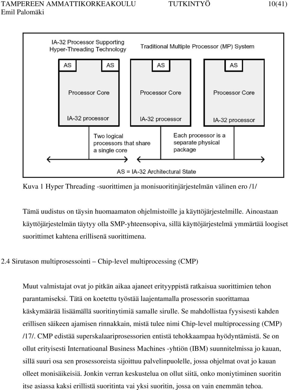 4 Sirutason multiprosessointi Chip-level multiprocessing (CMP) Muut valmistajat ovat jo pitkän aikaa ajaneet erityyppistä ratkaisua suorittimien tehon parantamiseksi.