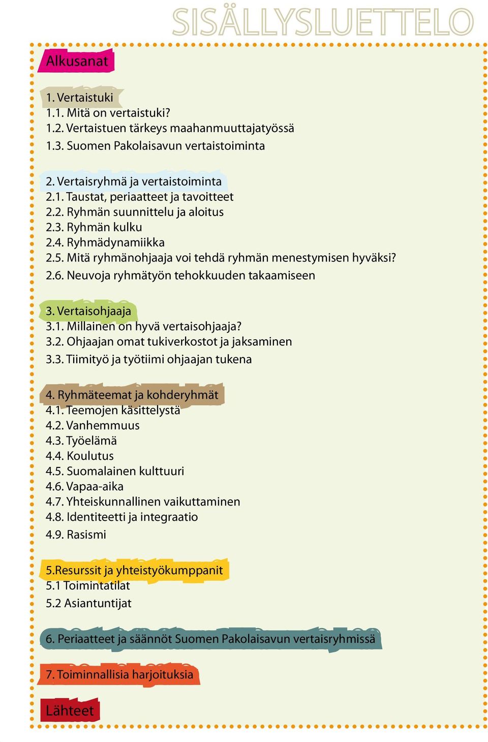 Vertaisohjaaja 3.1. Millainen on hyvä vertaisohjaaja? 3.2. Ohjaajan omat tukiverkostot ja jaksaminen 3.3. Tiimityö ja työtiimi ohjaajan tukena 4. Ryhmäteemat ja kohderyhmät 4.1. Teemojen käsittelystä 4.