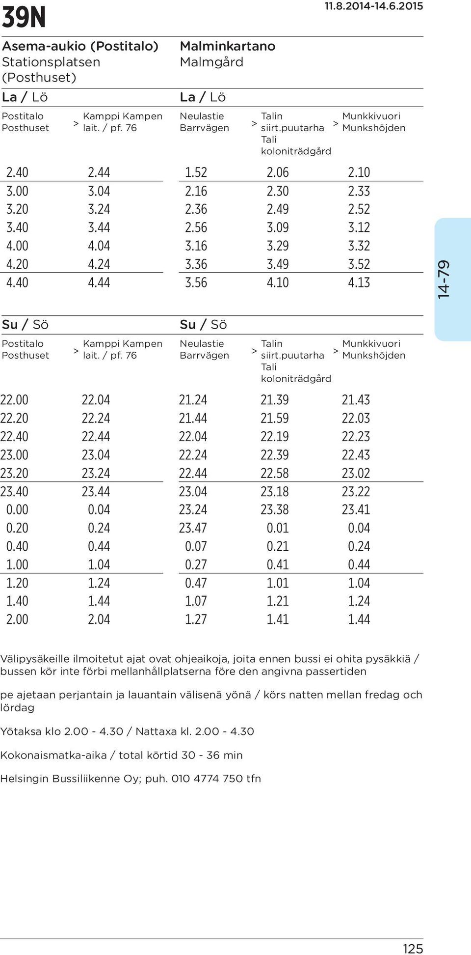 10 4.13 Su / Sö Postitalo Posthuset Su / Sö Kamppi Kampen Neulastie Talin Munkkivuori lait. / pf. 76 Barrvägen siirt.puutarha Tali koloniträdgård 22.00 22.04 21.24 21.39 21.43 22.20 22.24 21.44 21.