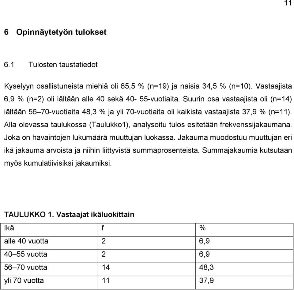 Suurin osa vastaajista oli (n=14) iältään 56 70-vuotiaita 48,3 % ja yli 70-vuotiaita oli kaikista vastaajista 37,9 % (n=11).