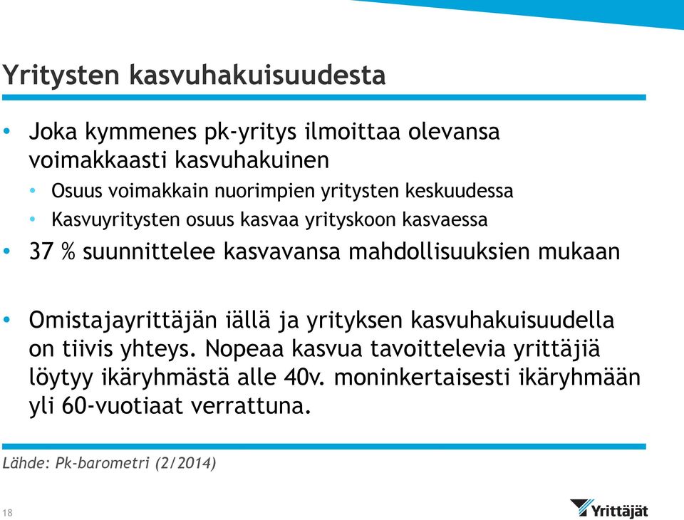 mahdollisuuksien mukaan Omistajayrittäjän iällä ja yrityksen kasvuhakuisuudella on tiivis yhteys.