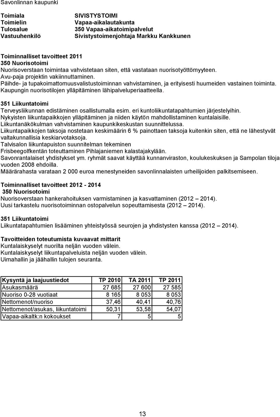 Päihde- ja tupakoimattomuusvalistustoiminnan vahvistaminen, ja erityisesti huumeiden vastainen toiminta. Kaupungin nuorisotilojen ylläpitäminen lähipalveluperiaatteella.