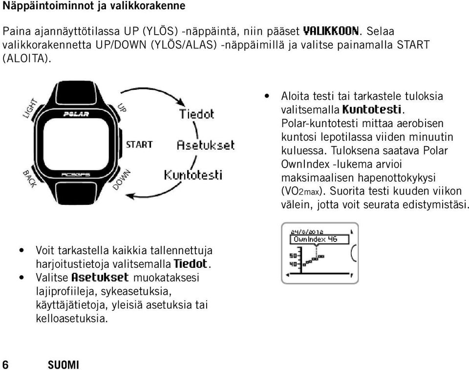 Polar-kuntotesti mittaa aerobisen kuntosi lepotilassa viiden minuutin kuluessa. Tuloksena saatava Polar OwnIndex -lukema arvioi maksimaalisen hapenottokykysi (VO2max).