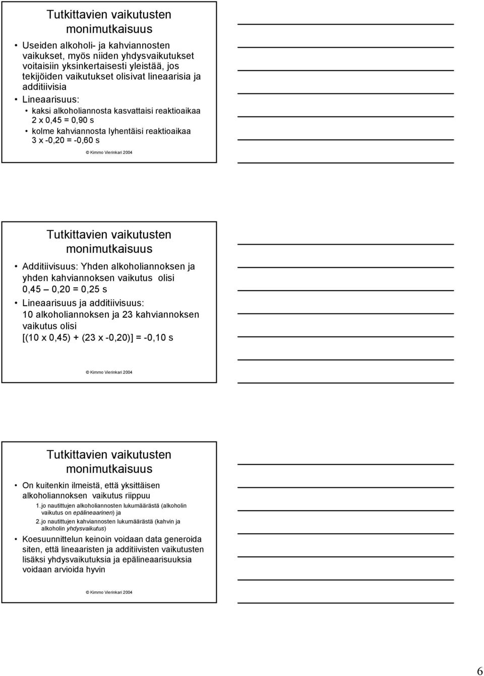 Additiivisuus: Yhden alkoholiannoksen ja yhden kahviannoksen vaikutus olisi 0,45 0,0 = 0,5 s Lineaarisuus ja additiivisuus: 0 alkoholiannoksen ja kahviannoksen vaikutus olisi [(0 x 0,45) ( x 0,0)] =