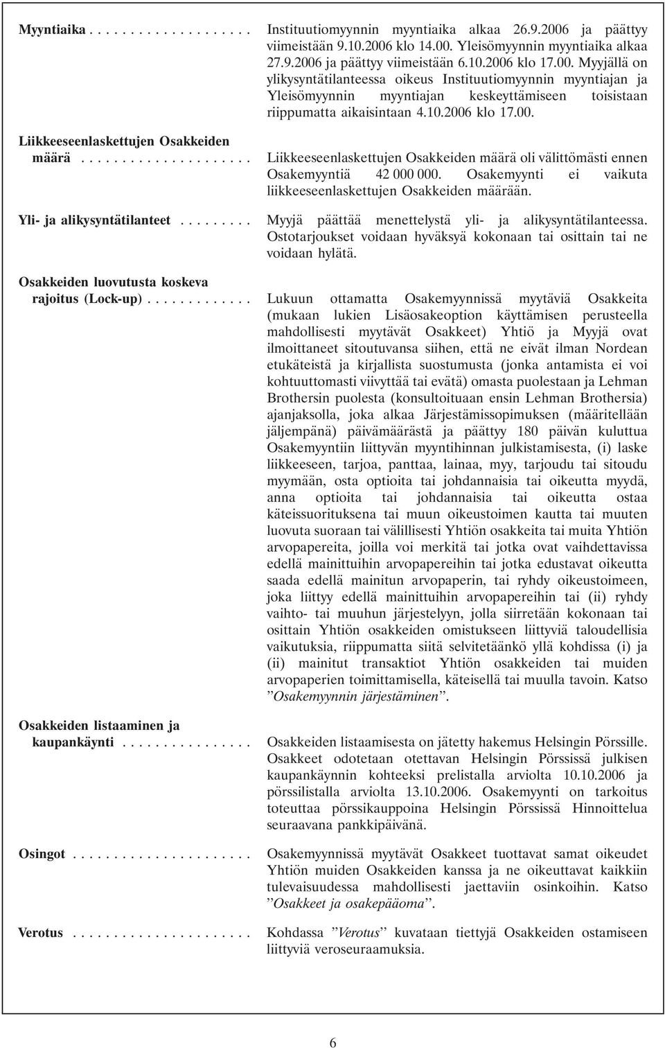 10.2006 klo 17.00. Liikkeeseenlaskettujen Osakkeiden määrä... Liikkeeseenlaskettujen Osakkeiden määrä oli välittömästi ennen Osakemyyntiä 42 000 000.