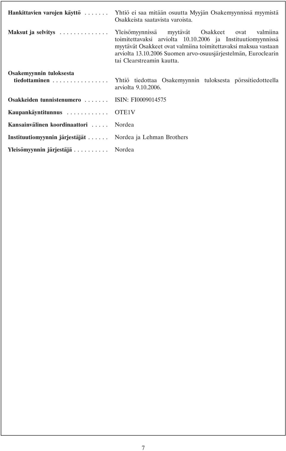 10.2006 Suomen arvo-osuusjärjestelmän, Euroclearin tai Clearstreamin kautta. Osakemyynnin tuloksesta tiedottaminen... Osakkeiden tunnistenumero.