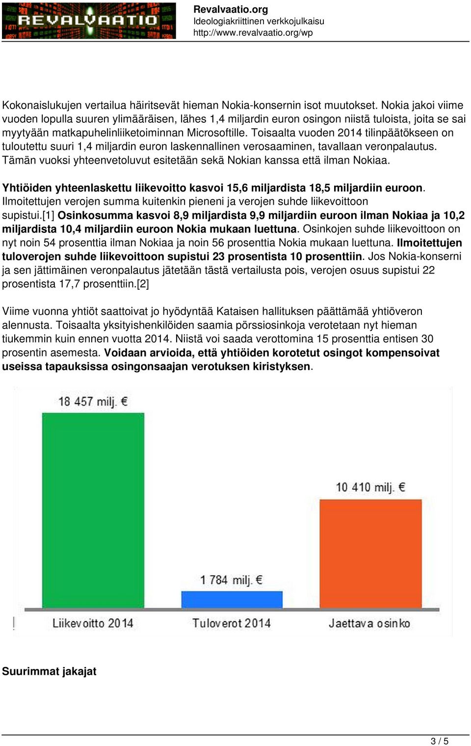 Toisaalta vuoden 2014 tilinpäätökseen on tuloutettu suuri 1,4 miljardin euron laskennallinen verosaaminen, tavallaan veronpalautus.