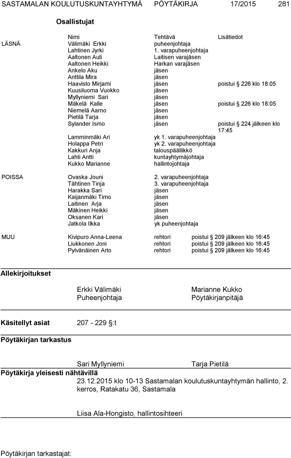 Sari jäsen Mäkelä Kalle jäsen poistui 226 klo 18:05 Niemelä Aarno jäsen Pietilä Tarja jäsen Sylander Ismo jäsen poistui 224 jälkeen klo 17:45 Lamminmäki Ari yk 1. varapuheenjohtaja Holappa Petri yk 2.