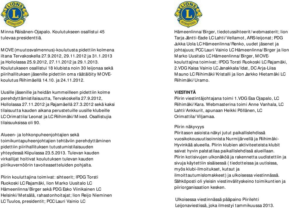 9.2012, Hollolassa 27.11.2012 ja Rajamäellä 27.3.2012 sekä kaksi tilaisuutta kauden aikana perustetuille uusille klubeille Orimattila/Leonat ja Riihimäki/Mixed. Osallistujia tilaisuuksissa oli 90.