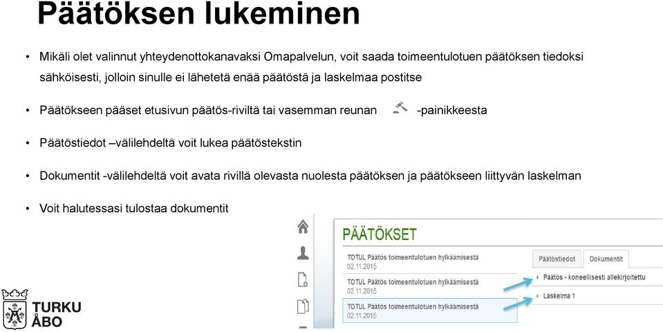 päätös-riviltä tai vasemman reunan -painikkeesta Päätöstiedot välilehdeltä voit lukea päätöstekstin Dokumentit