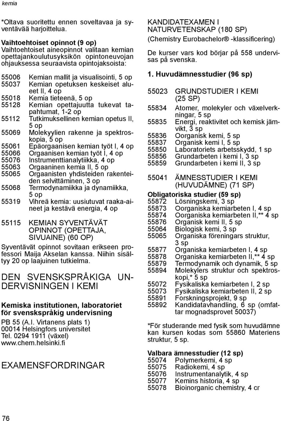 Kemian opetuksen keskeiset alueet II, 4 op 55018 Kemia tieteenä, 55128 Kemian opettajuutta tukevat tapahtumat, 1-2 op 55112 Tutkimuksellinen kemian opetus II, 55069 Molekyylien rakenne ja