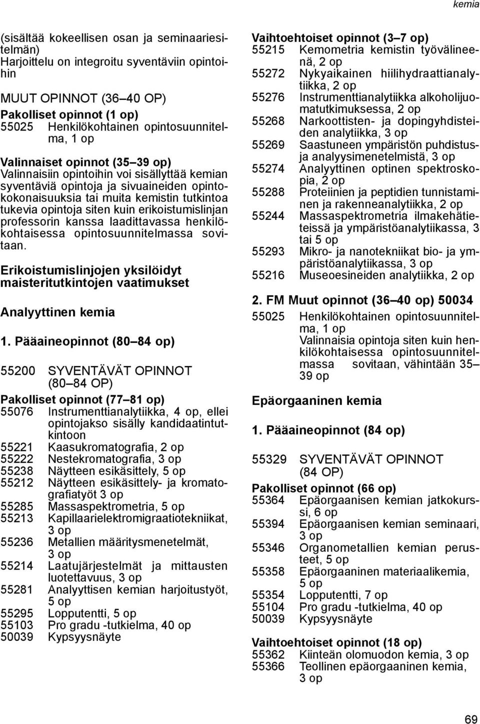 henkilökohtaisessa opintosuunnitelmassa sovitaan. Erikoistumislinjojen yksilöidyt maisteritutkintojen vaatimukset Analyyttinen kemia 1.