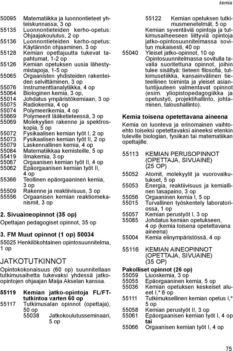 Johdatus ympäristökemiaan, 55075 Radiokemia, 4 op 55074 Polymeerikemia, 4 op 55669 Polymeerit lääketieteessä, 55069 Molekyylien rakenne ja spektroskopia, 55072 Fysikaalisen kemian työt I, 2 op 55073