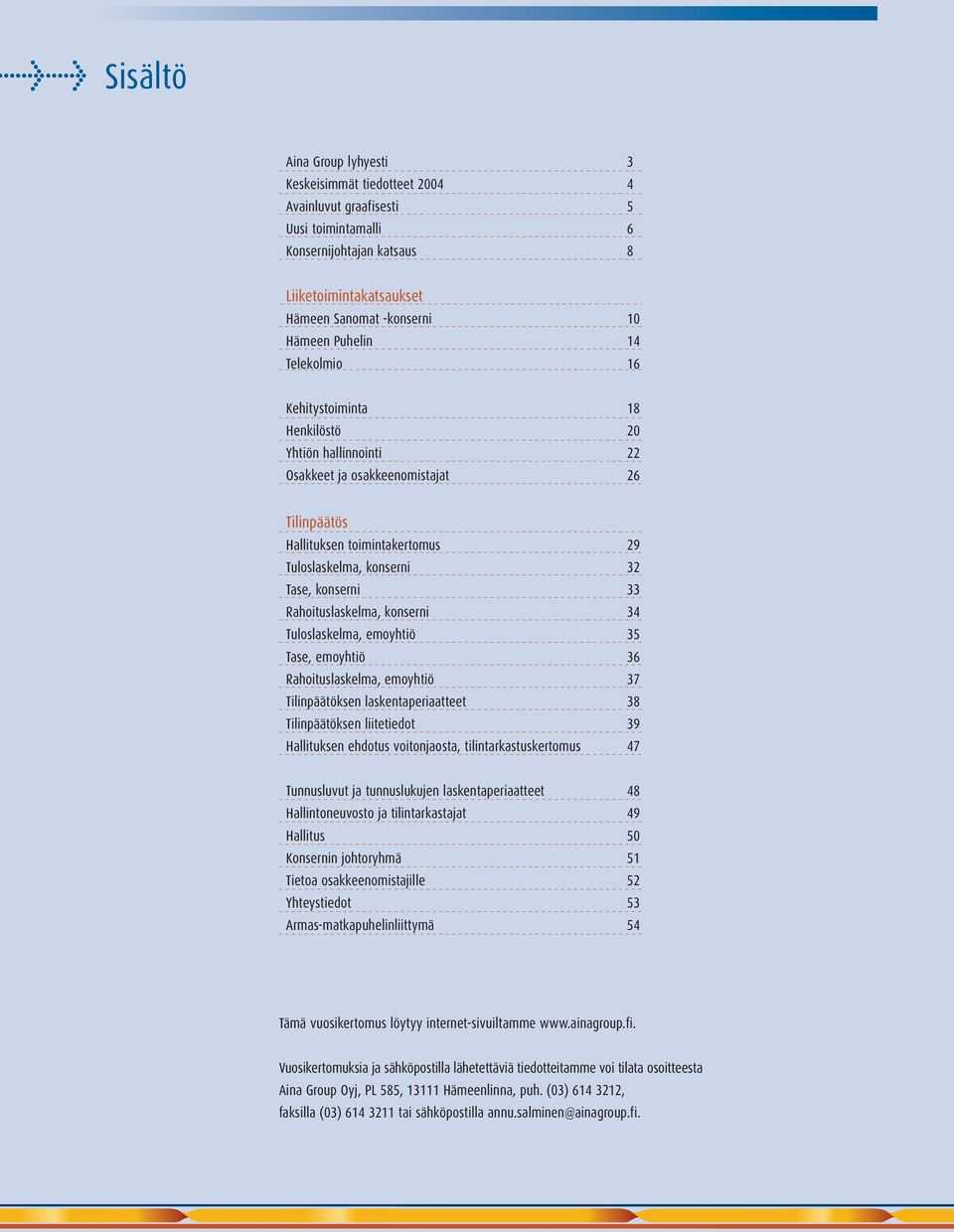 33 Rahoituslaskelma, konserni 34 Tuloslaskelma, emoyhtiö 35 Tase, emoyhtiö 36 Rahoituslaskelma, emoyhtiö 37 Tilinpäätöksen laskentaperiaatteet 38 Tilinpäätöksen liitetiedot 39 Hallituksen ehdotus