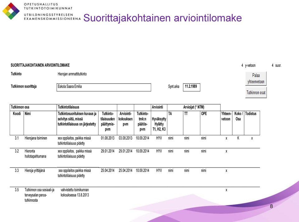 Arviointikokouksen pvm Tutkintotmk:n päätöspvm Hyväksytty Hylätty T1, H2, K3 TA TT OPE Yhteenvetoon Koko / Osa Todistus 3.