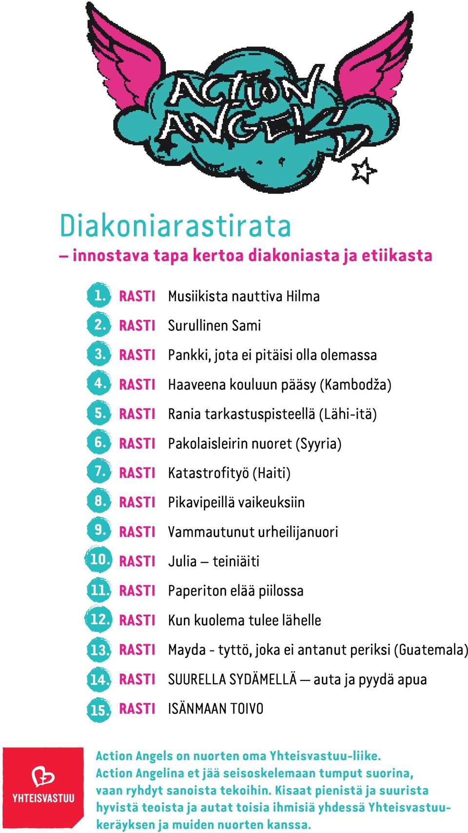 Pakolaisleirin nuoret (Syyria) Rasti Katastrofityö (Haiti) Rasti Pikavipeillä vaikeuksiin Rasti Vammautunut urheilijanuori Rasti Julia teiniäiti Rasti Paperiton elää piilossa Rasti Kun kuolema tulee