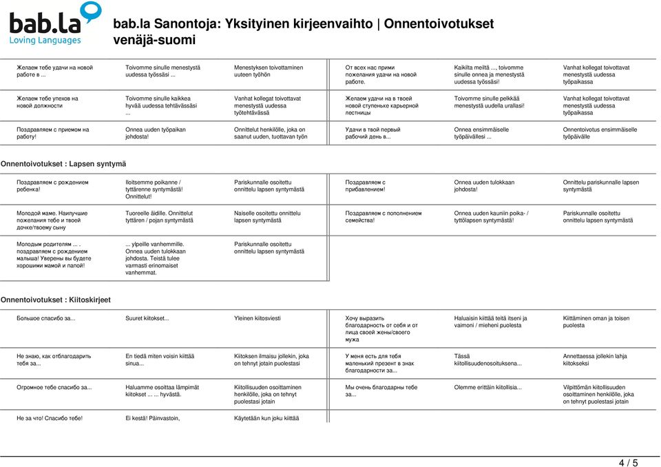 .. työtehtävässä Желаем удачи на в твоей новой ступеньке карьерной лестницы Toivomme sinulle pelkkää menestystä uudella urallasi! työpaikassa Поздравляем с приемом на работу!