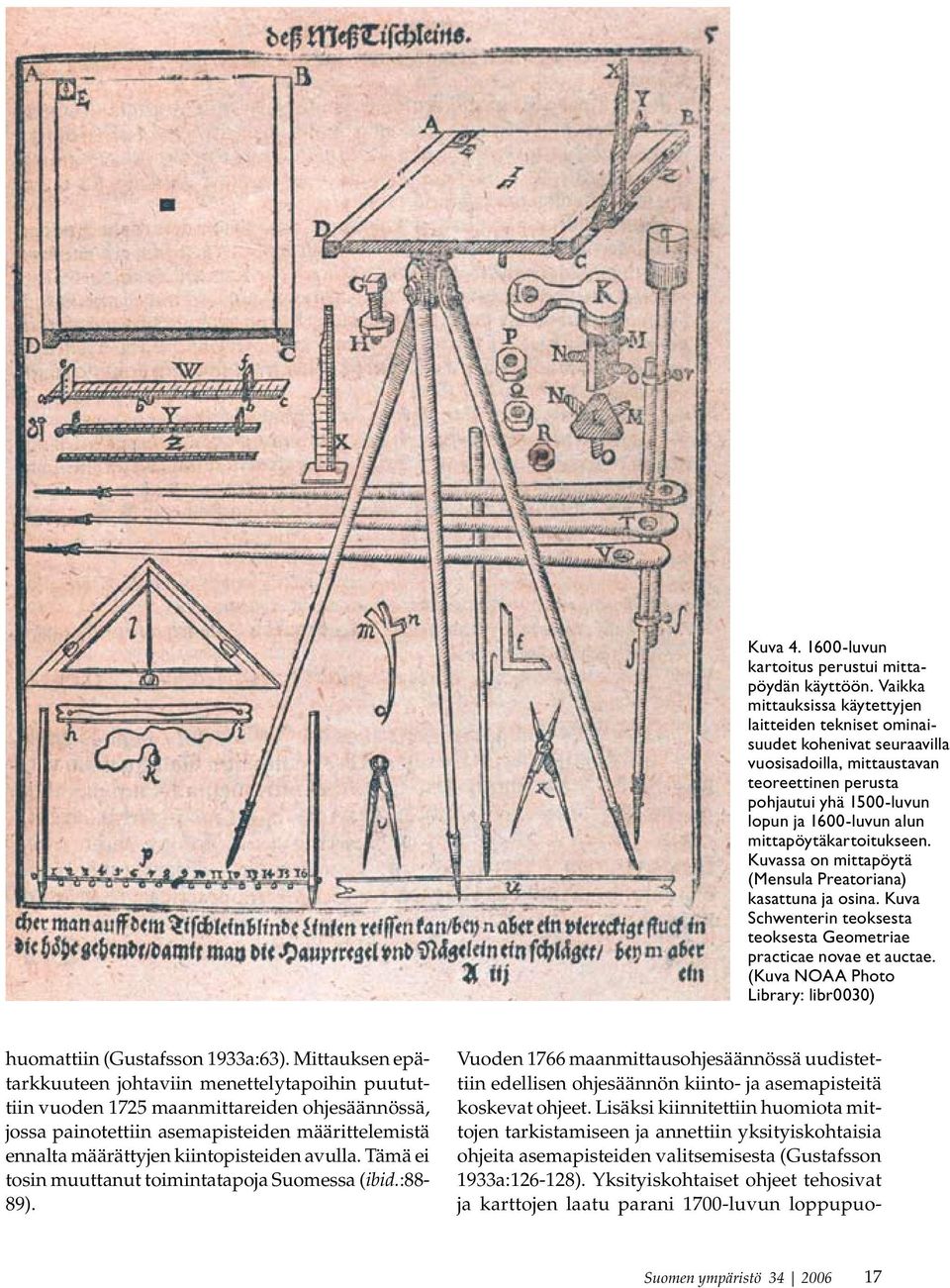 mittapöytäkartoitukseen. Kuvassa on mittapöytä (Mensula Preatoriana) kasattuna ja osina. Kuva Schwenterin teoksesta teoksesta Geometriae practicae novae et auctae.