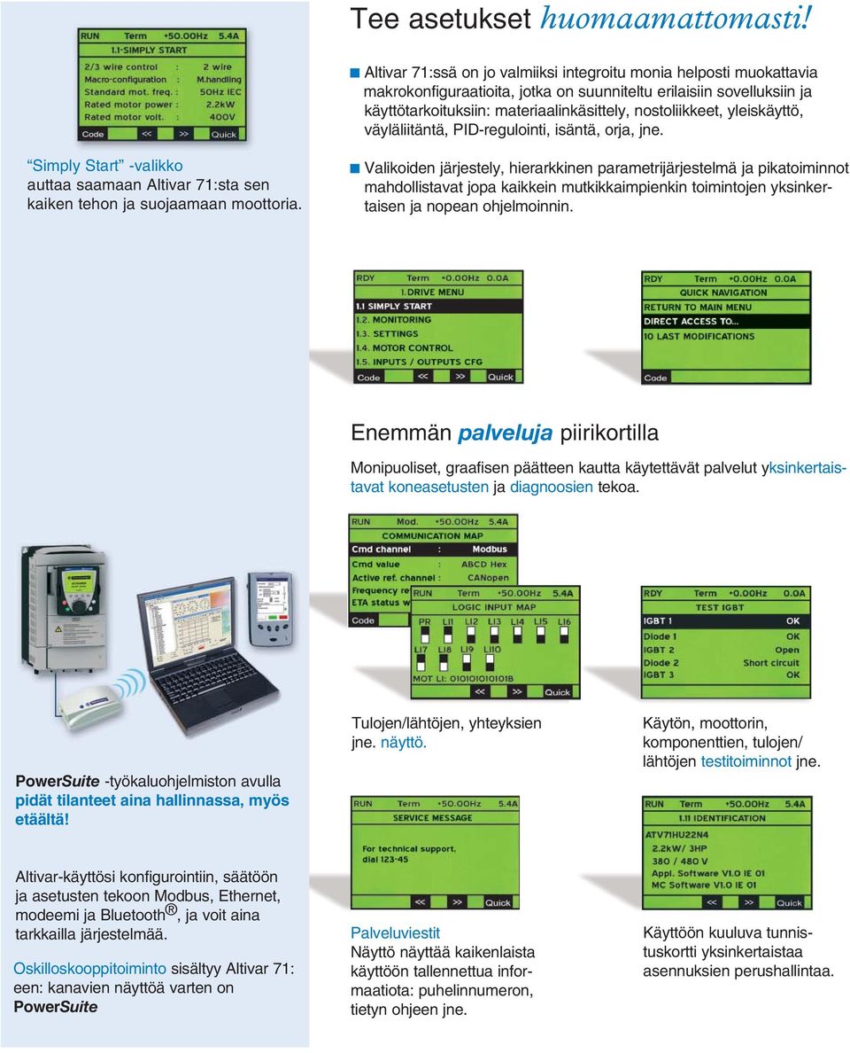 yleiskäyttö, väyläliitäntä, PID-regulointi, isäntä, orja, jne. Simply Start -valikko auttaa saamaan Altivar 71:sta sen kaiken tehon ja suojaamaan moottoria.