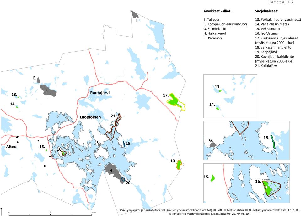 Sarkasen harjulehto 19. Leppäjärvi 20. Kuohijoen kalkkilehto (yös Natura 2000 alue) 21. Kukkiajärvi E. 1 F. Rautajärvi 17.