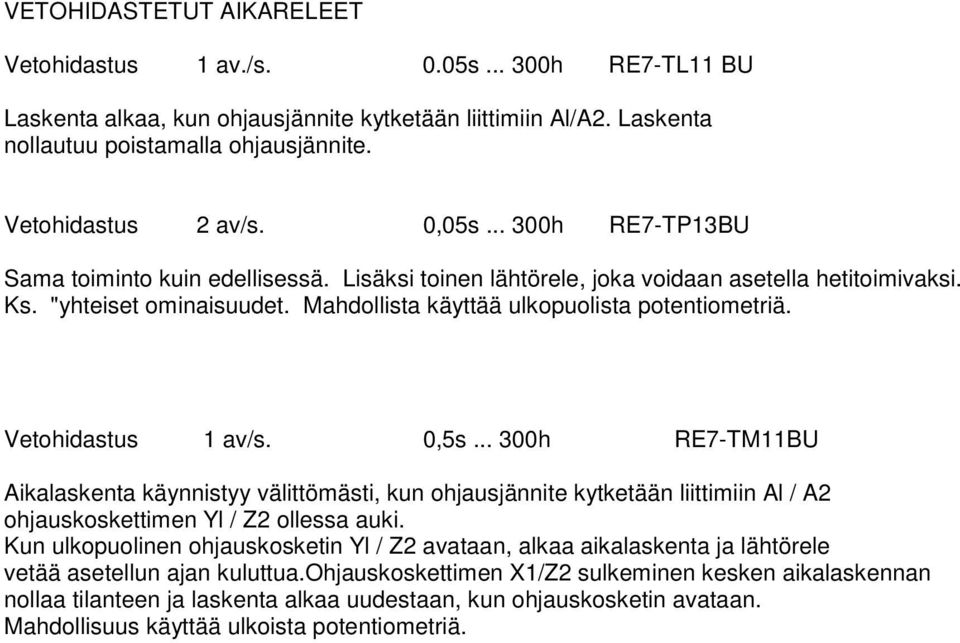 0,5s... 00h RE7-TMBU Aikalaskena käynnisyy väliömäsi, kun ohjausjännie kykeään liiimiin Al / ohjauskoskeimen Yl / Z ollessa auki.