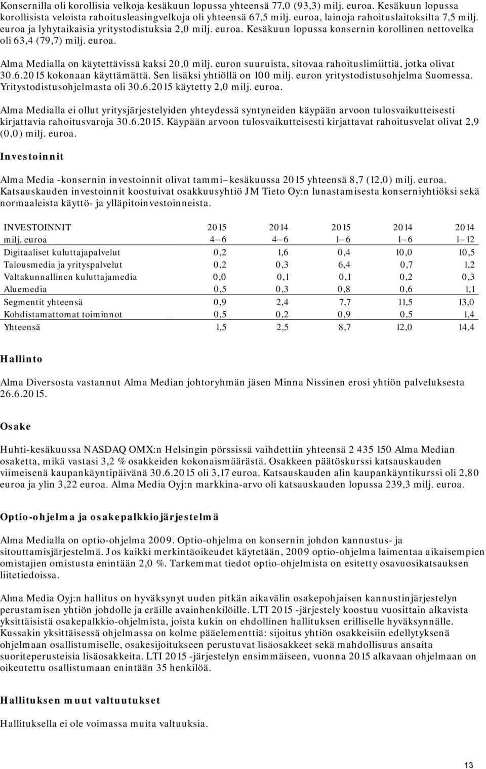 euron suuruista, sitovaa rahoituslimiittiä, jotka olivat 30.6.2015 kokonaan käyttämättä. Sen lisäksi yhtiöllä on 100 milj. euron yritystodistusohjelma Suomessa. Yritystodistusohjelmasta oli 30.6.2015 käytetty 2,0 milj.