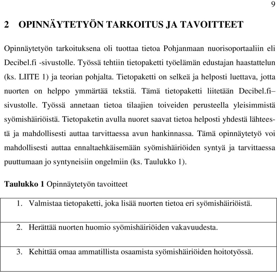 Tämä tietopaketti liitetään Decibel.fi sivustolle. Työssä annetaan tietoa tilaajien toiveiden perusteella yleisimmistä syömishäiriöistä.