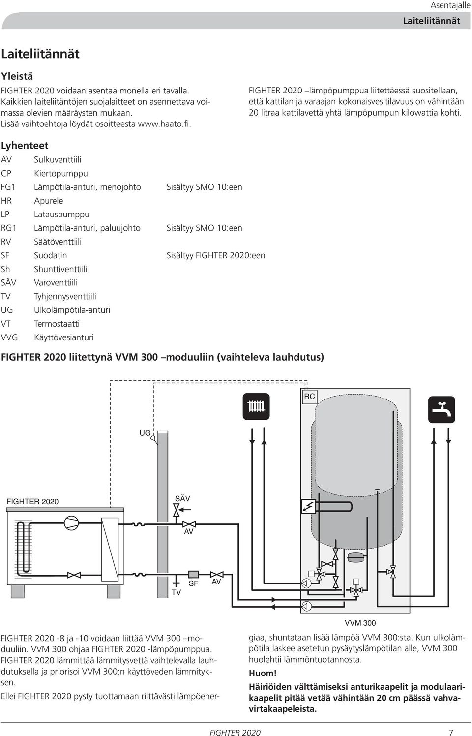 lämpöpumppua liitettäessä suositellaan, että kattilan ja varaajan kokonaisvesitilavuus on vähintään 20 litraa kattilavettä yhtä lämpöpumpun kilowattia kohti.