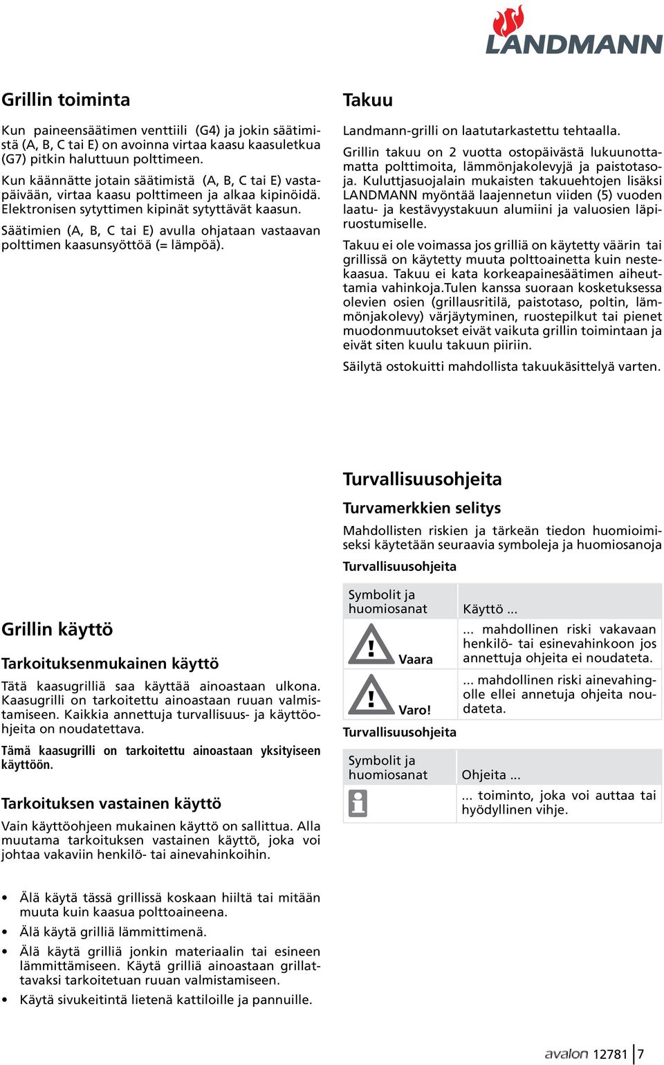 Säätimien (A, B, C tai E) avulla ohjataan vastaavan polttimen kaasunsyöttöä (= lämpöä). Takuu Landmann-grilli on laatutarkastettu tehtaalla.