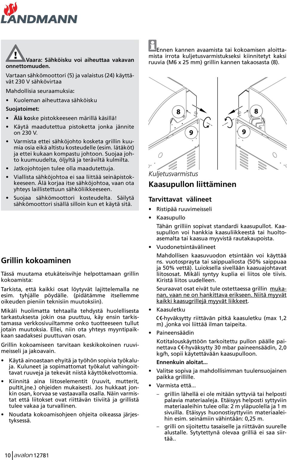 Käytä maadutettua pistoketta jonka jännite on 230 V. Varmista ettei sähköjohto kosketa grillin kuumia osia eikä altistu kosteudelle (esim. lätäköt) ja ettei kukaan kompastu johtoon.