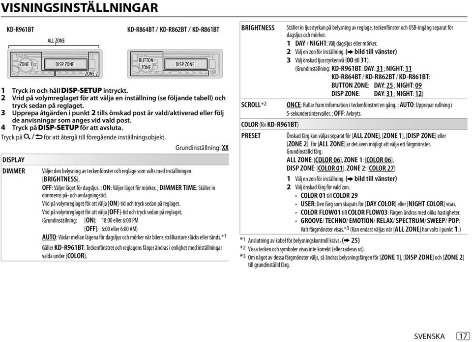 Tryck på för att återgå till föregående inställningsobjekt. Grundinställning: XX DISPLAY DIMMER Väljer den belysning av teckenfönster och reglage som valts med inställningen [BRIGHTNESS].