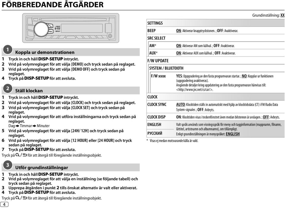 2 Vrid på volymreglaget för att välja [CLOCK] och tryck sedan på reglaget. 3 Vrid på volymreglaget för att välja [CLOCK SET] och tryck sedan på reglaget.