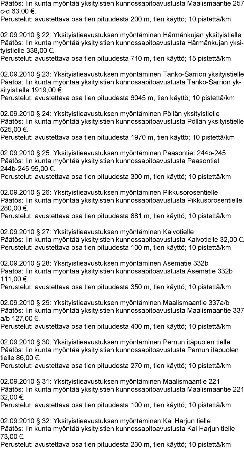 pituudesta 710 m, tien käyttö; 15 pistettä/km 02.09.