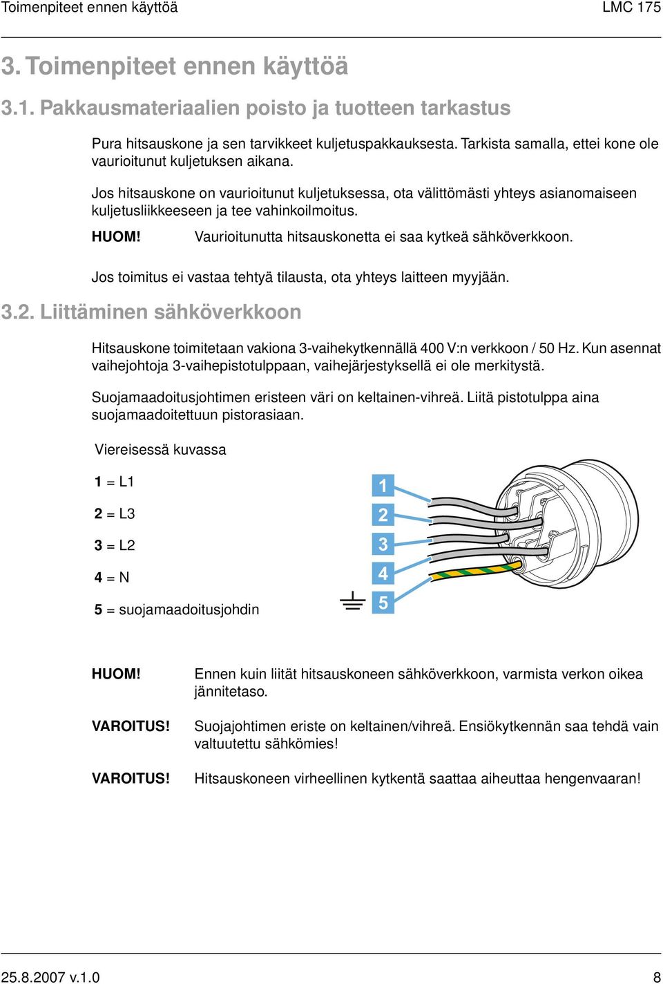 Vaurioitunutta hitsauskonetta ei saa kytkeä sähköverkkoon. Jos toimitus ei vastaa tehtyä tilausta, ota yhteys laitteen myyjään. 3.2.