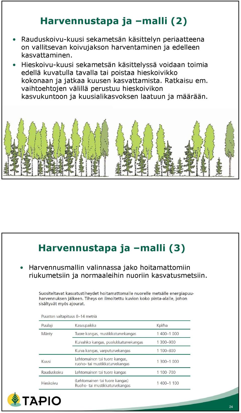 Hieskoivu-kuusi sekametsän käsittelyssä voidaan toimia edellä kuvatulla tavalla tai poistaa hieskoivikko kokonaan ja jatkaa kuusen