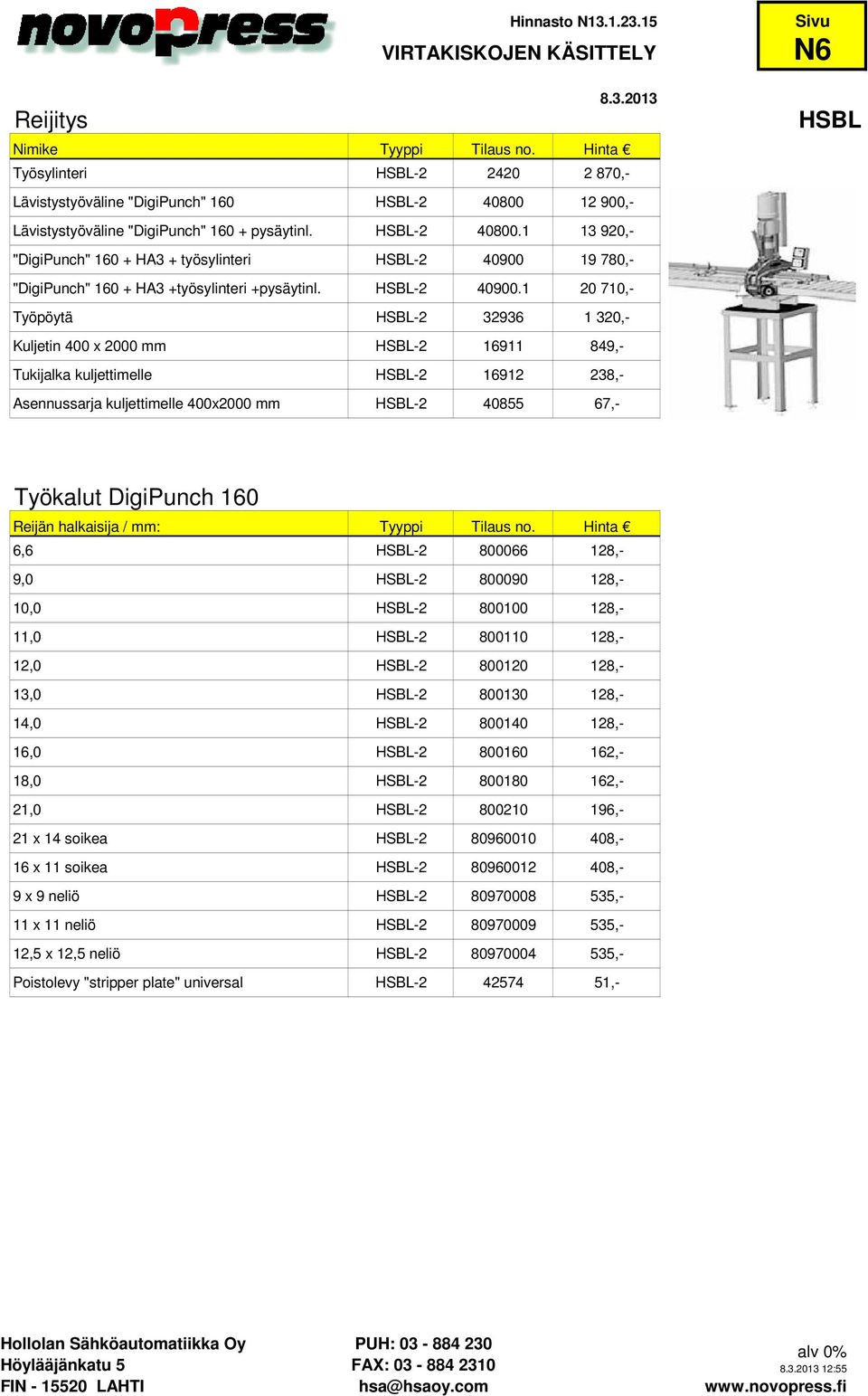 19 780,- "DigiPunch" 160 + HA3 +työsylinteri +pysäytinl. HSBL-2 40900.