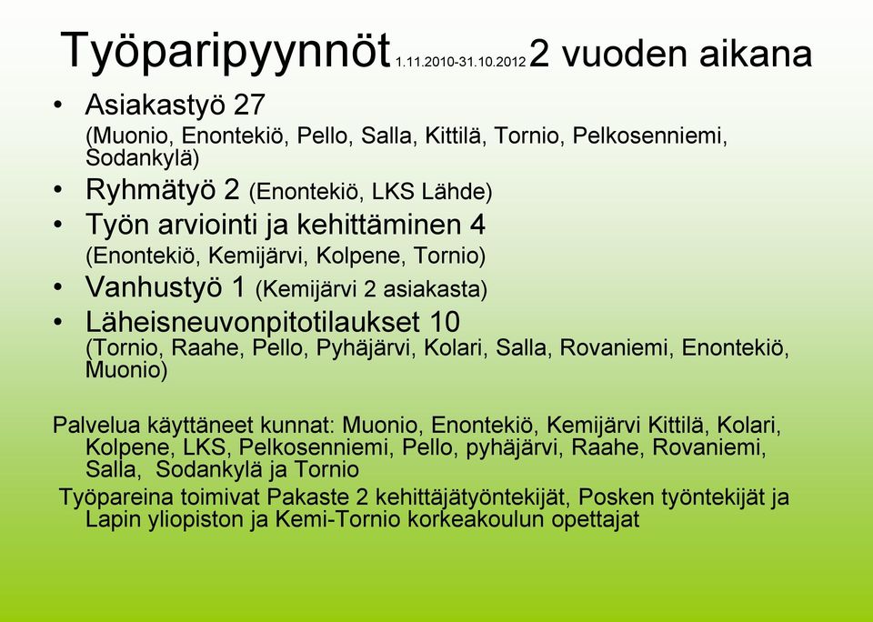 2012 2 vuoden aikana Asiakastyö 27 (Muonio, Enontekiö, Pello, Salla, Kittilä, Tornio, Pelkosenniemi, Sodankylä) Ryhmätyö 2 (Enontekiö, LKS Lähde) Työn arviointi ja