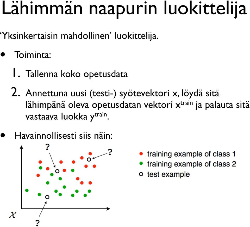 Annettuna uusi (testi-) syötevektori x, löydä sitä lähimpänä oleva