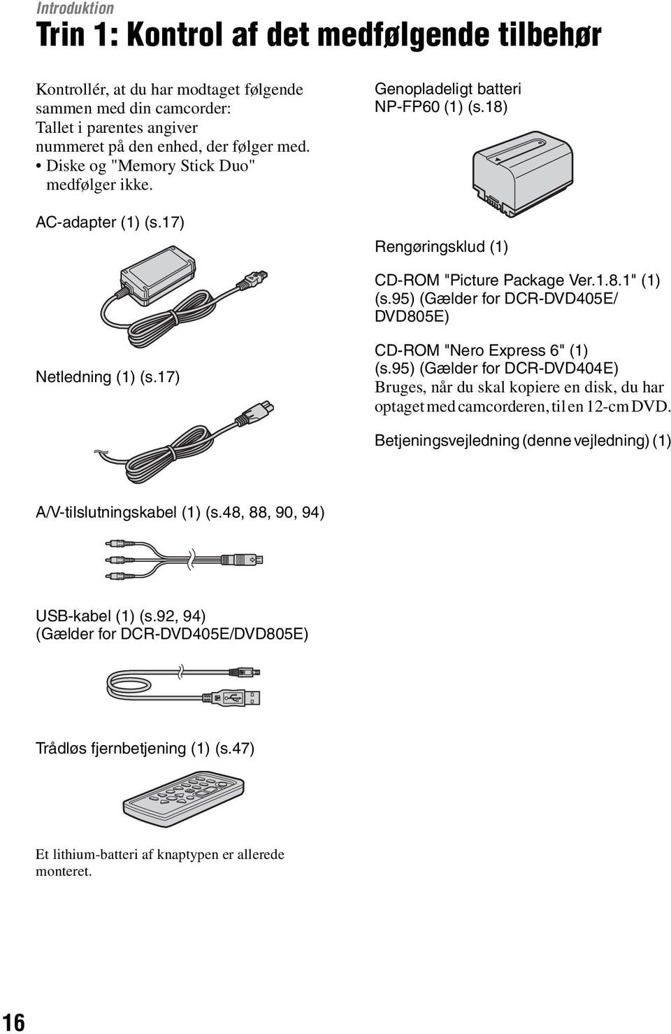 95) (Gælder for DCR-DVD405E/ DVD805E) Netledning (1) (s.17) CD-ROM "Nero Express 6" (1) (s.