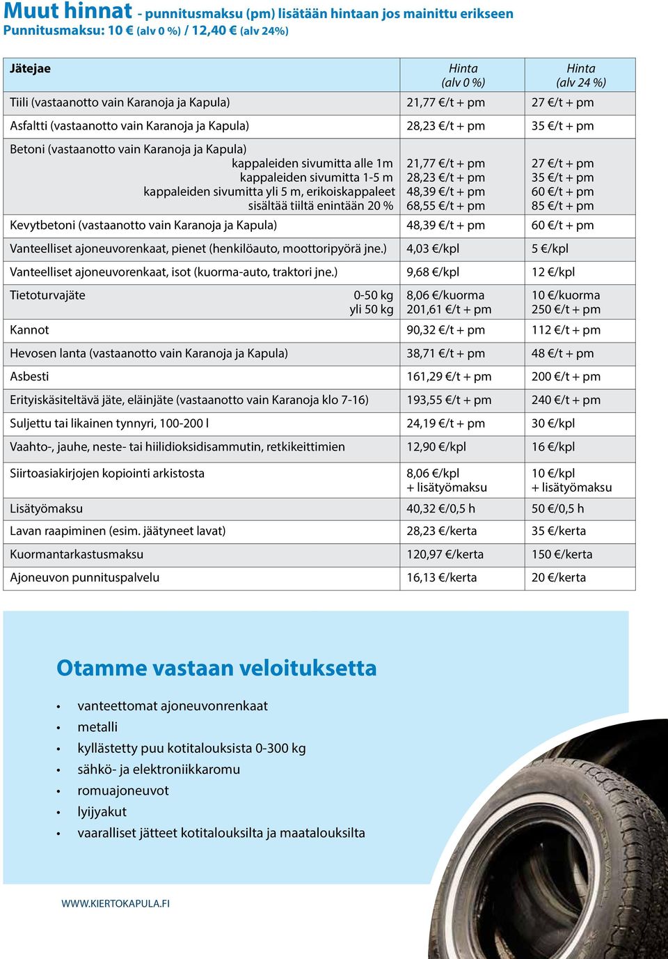 sivumitta 1-5 m kappaleiden sivumitta yli 5 m, erikoiskappaleet sisältää tiiltä enintään 20 % 21,77 /t + pm 28,23 /t + pm 48,39 /t + pm 68,55 /t + pm 27 /t + pm 35 /t + pm 60 /t + pm 85 /t + pm