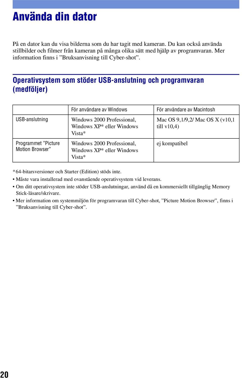 Operativsystem som stöder USB-anslutning och programvaran (medföljer) USB-anslutning Programmet Picture Motion Browser För användare av Windows Windows 2000 Professional, Windows XP* eller Windows