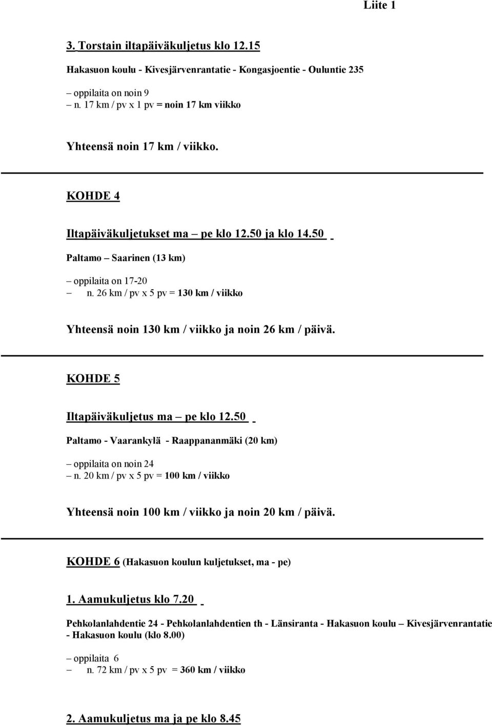 KOHDE 5 Iltapäiväkuljetus ma pe klo 12.50 Paltamo - Vaarankylä - Raappananmäki (20 km) oppilaita on noin 24 n. 20 km / pv x 5 pv = 100 km / viikko Yhteensä noin 100 km / viikko ja noin 20 km / päivä.